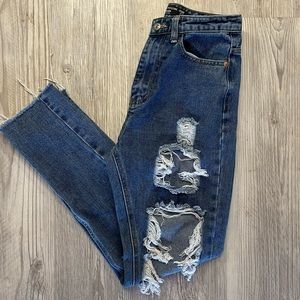 PRETTYLITTLETHING Mid Blue Wash Extreme Distressed Slim Fit Mom Jeans